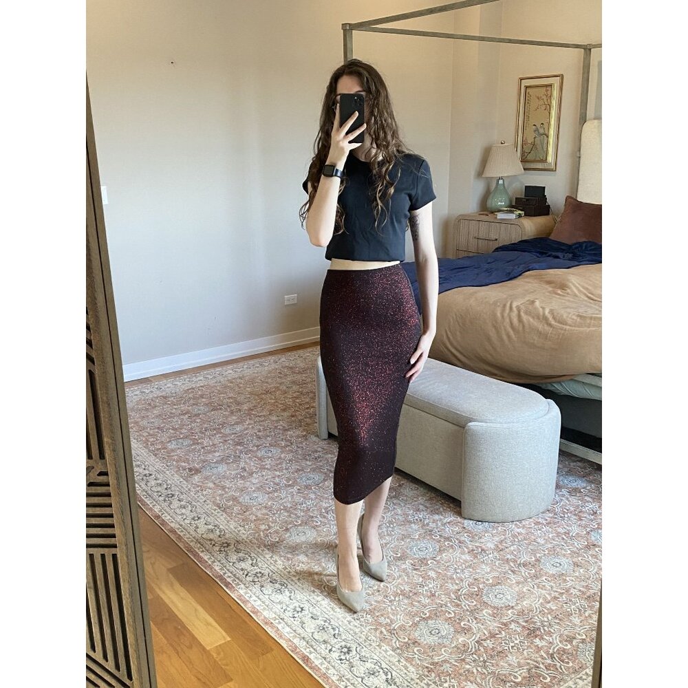 By Monaco Red Sequin Bodycon Midi Skirt Size Small XS-M Holiday